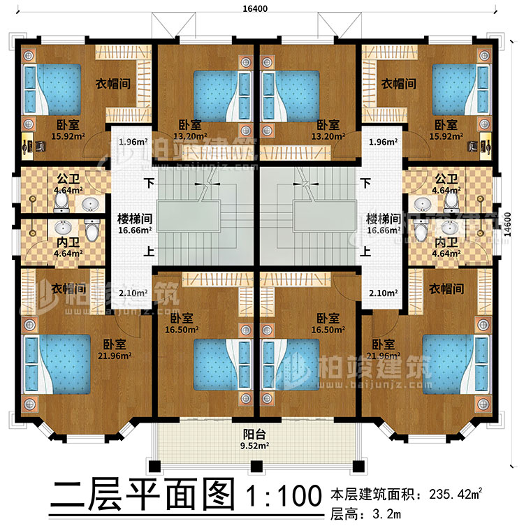 二層：2樓梯間、8臥室、4衣帽間、2公衛(wèi)、2內(nèi)衛(wèi)、陽臺
