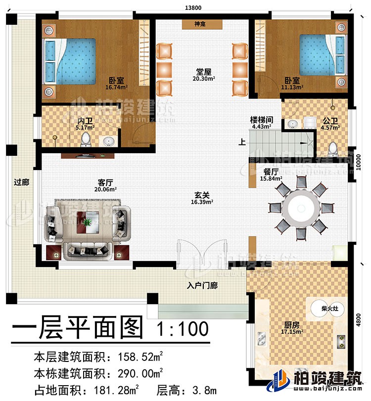 一層：入戶門廊、過廊、玄關(guān)、客廳、餐廳、廚房、柴火灶、堂屋、神龕、2臥室、樓梯間、公衛(wèi)、內(nèi)衛(wèi)