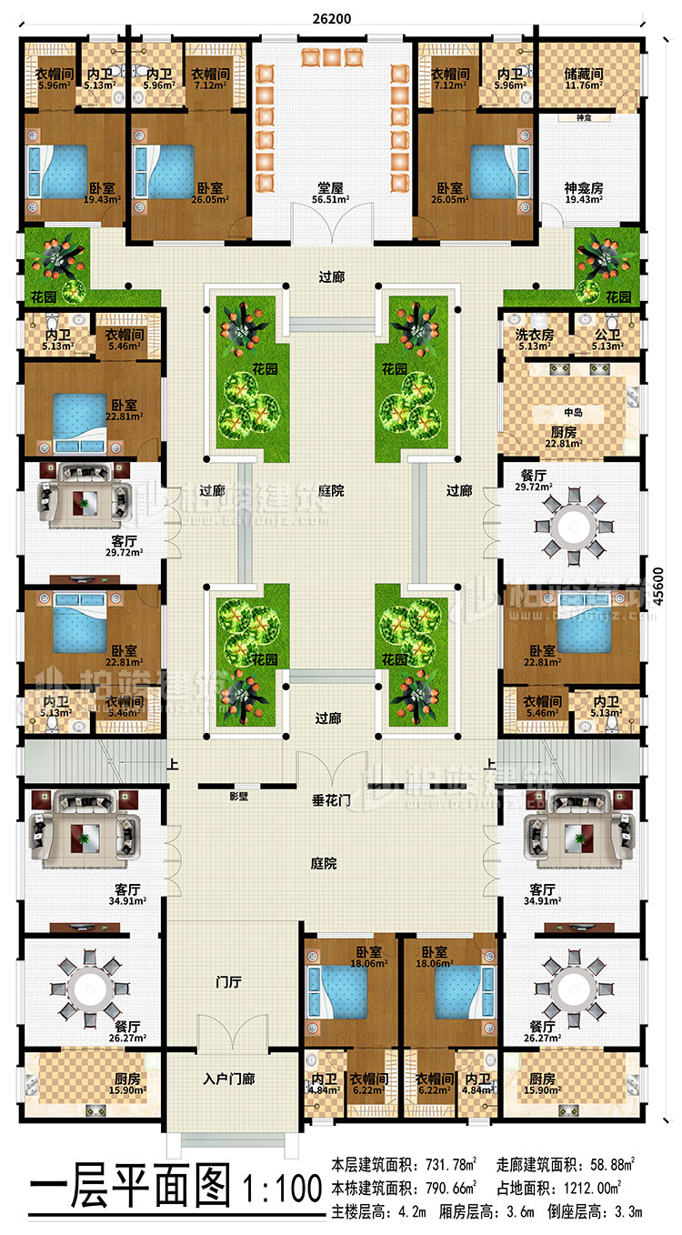 一層：入戶門廊、門廳、3餐廳、3廚房、3客廳、堂屋、神龕、神龕房、儲(chǔ)物間、6花園、4過廊、2庭院、影壁、垂花門、中島、洗衣房、公衛(wèi)、8臥室、8衣帽間、8內(nèi)衛(wèi)
