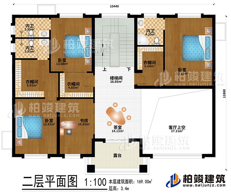 二層：茶室、樓梯間、客廳上空、3臥室、3衣帽間、書房、3內衛(wèi)、露臺