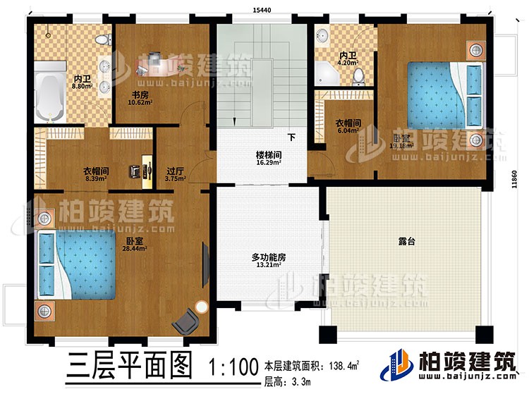 三層：2臥室、2衣帽間、過廳、書房、2內衛(wèi)、多功能房、樓梯間、露臺