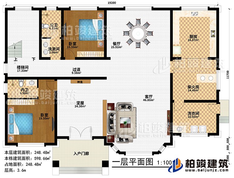 一層：入戶門廊、堂屋、神龕、客廳、餐廳、廚房、柴火房、2臥室、洗漱間、洗衣間、公衛(wèi)、內(nèi)衛(wèi)、過道、樓梯間