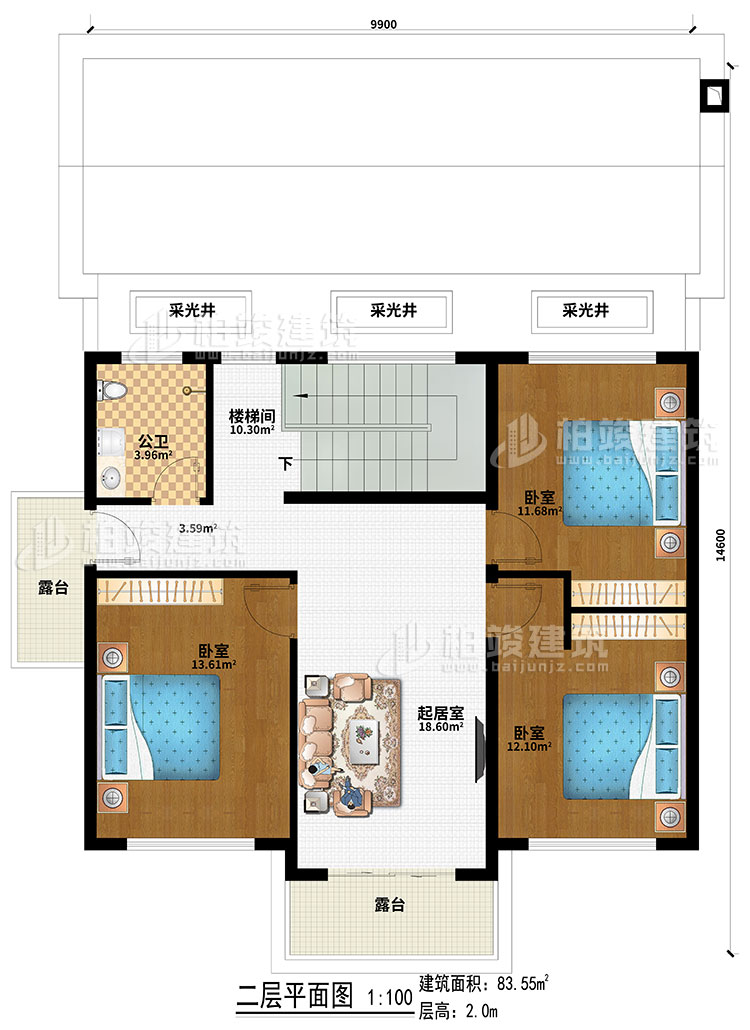 二層：3采光井、樓梯間、起居室、3臥室、2露臺
