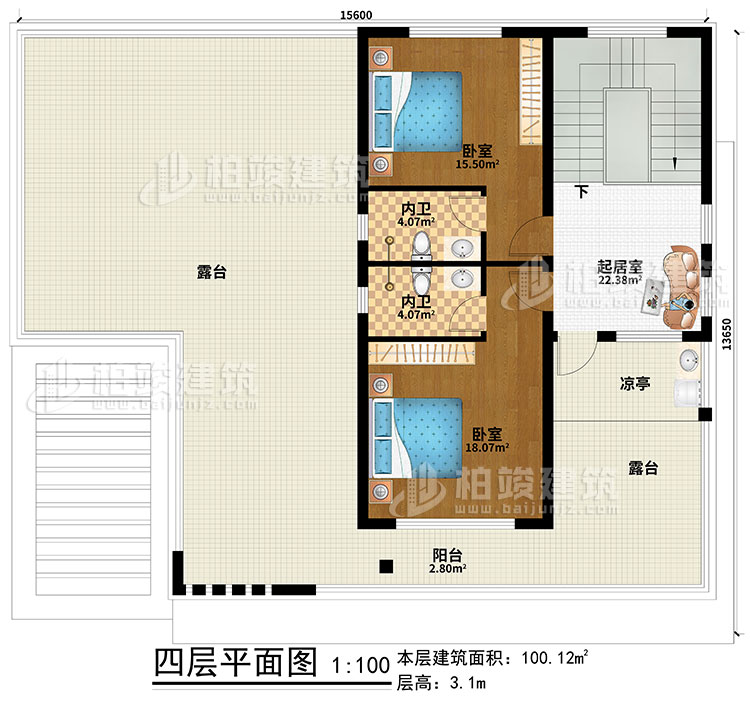 四層：起居室、2臥室、2內(nèi)衛(wèi)、涼亭、陽(yáng)臺(tái)、2露臺(tái)