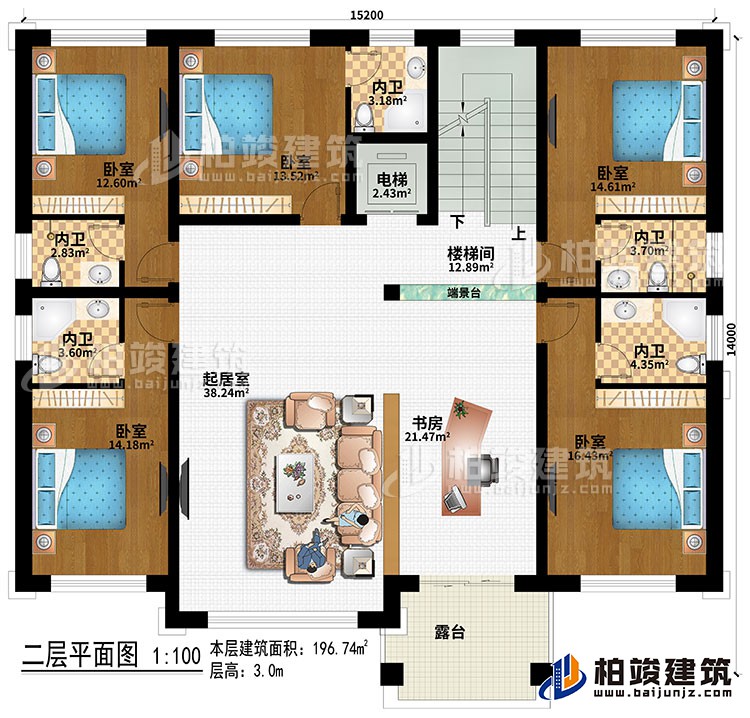 二層：樓梯間、端景臺、起居室、書房、5臥室、電梯、5內衛(wèi)、露臺