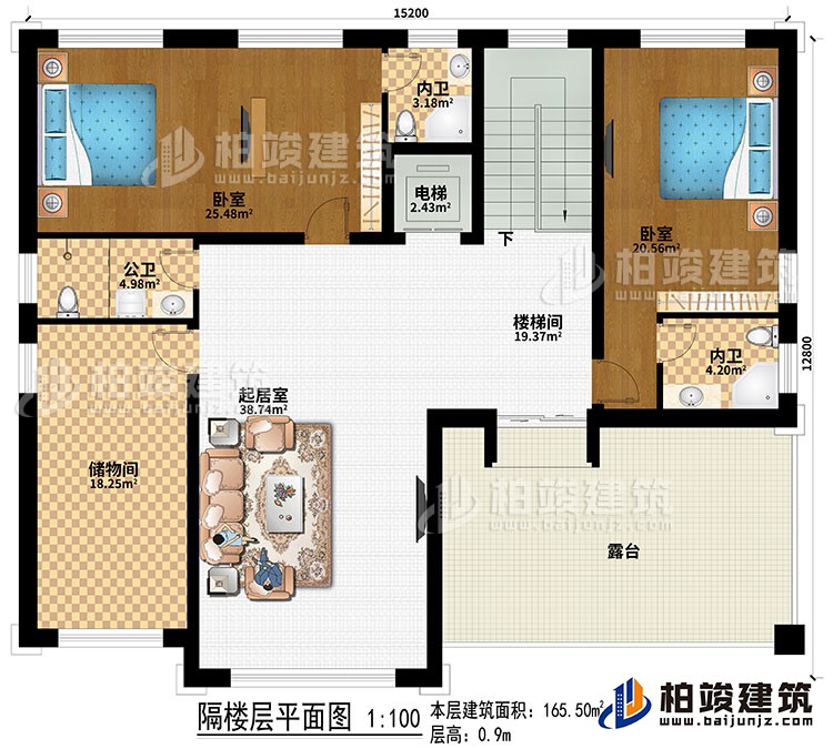 閣樓：2臥室、電梯、樓梯間、起居室、儲物間、公衛(wèi)、2內衛(wèi)、露臺
