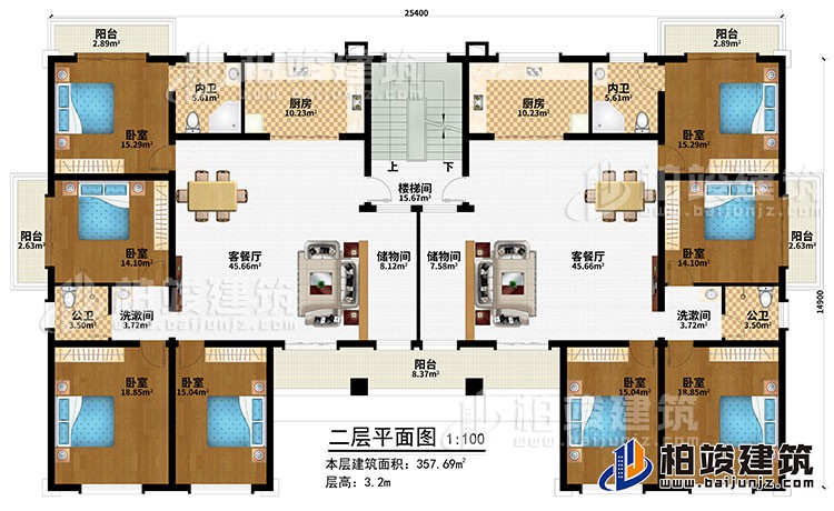 二層：樓梯間、2客餐廳、2儲(chǔ)物間、2廚房、8臥室、5陽(yáng)臺(tái)、2內(nèi)衛(wèi)、2公衛(wèi)、2洗漱間