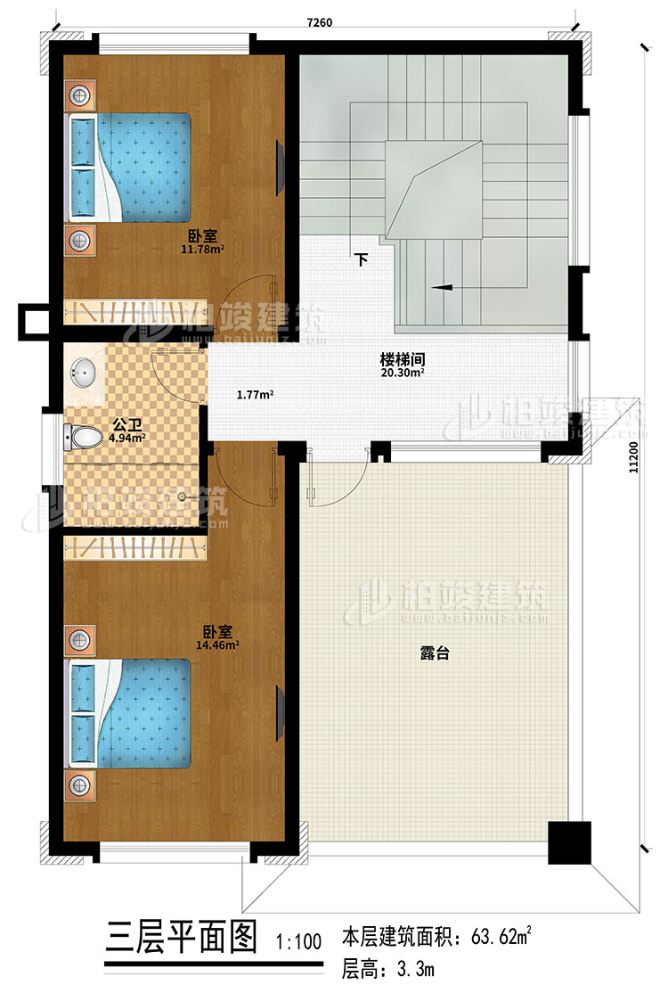 三層：2臥室、樓梯間、公衛(wèi)、露臺