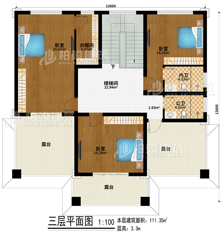 三層：樓梯間、3臥室、公衛(wèi)、內(nèi)衛(wèi)、3露臺(tái)、衣帽間