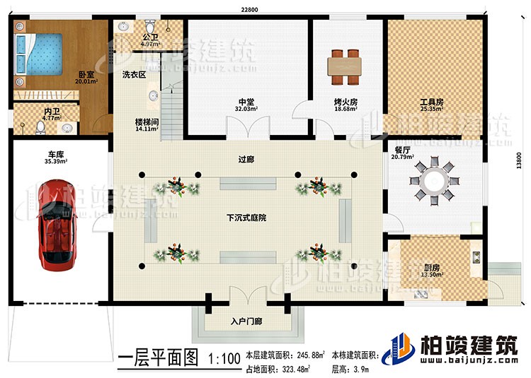 一層：入戶門廊、下沉式庭院、樓梯間、洗衣區(qū)、中堂、烤火房、工具房、餐廳、廚房、車庫、臥室、內(nèi)衛(wèi)、過廊
