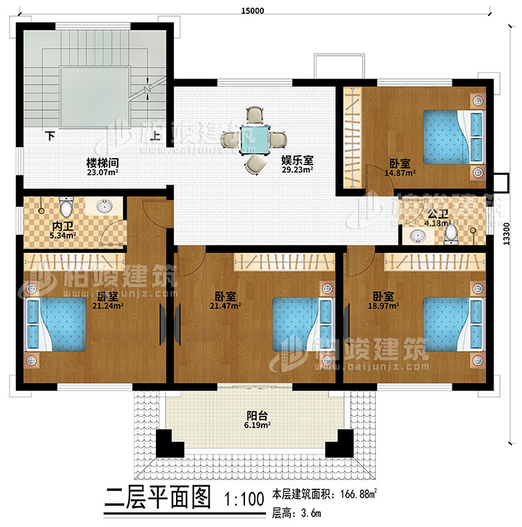 二層：樓梯間、娛樂室、4臥室、公衛(wèi)、內(nèi)衛(wèi)、陽臺