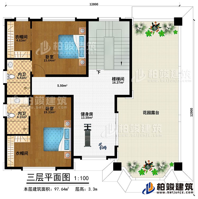 三層：健身房、樓梯間、2臥室、2衣帽間、2內(nèi)衛(wèi)、花園露臺