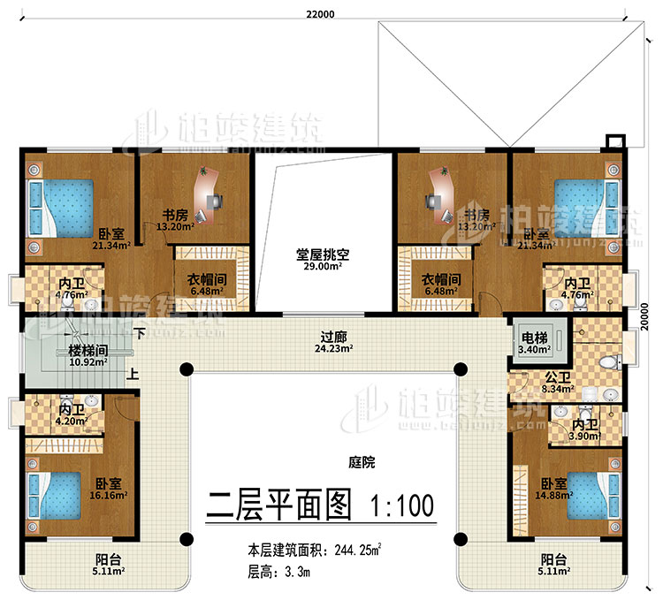 二層：堂屋挑空、過廊、樓梯間、電梯、4臥室、2衣帽間、2書房、4內(nèi)衛(wèi)、公衛(wèi)、2陽臺