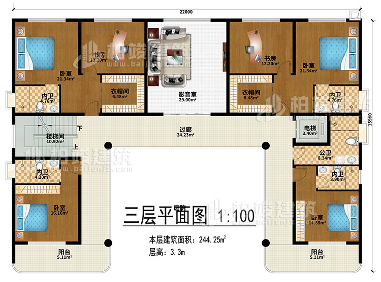 三層：影音室、過廊、樓梯間、電梯、4臥室、2衣帽間、2書房、4內(nèi)衛(wèi)、公衛(wèi)、2陽臺