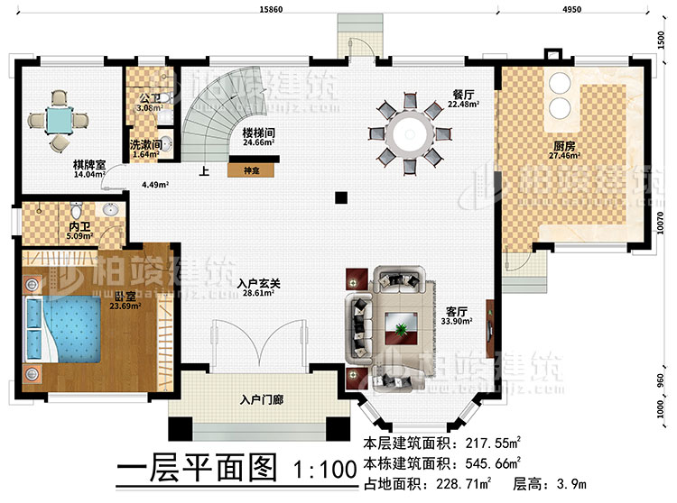 一層：樓梯間、3臥室、衣帽間、公衛(wèi)、內(nèi)衛(wèi)、陽光房、涼亭、2露臺