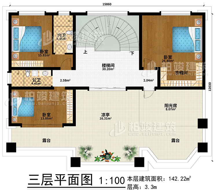 三層：樓梯間、3臥室、衣帽間、公衛(wèi)、內(nèi)衛(wèi)、陽光房、涼亭、2露臺