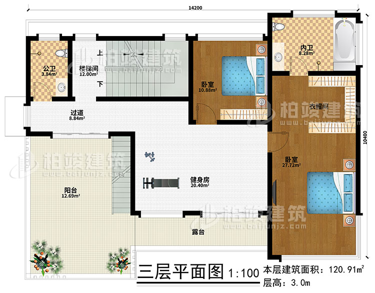 三層：健身房、樓梯間、2臥室、衣帽間、過道、公衛(wèi)、內(nèi)衛(wèi)、陽(yáng)臺(tái)、露臺(tái)