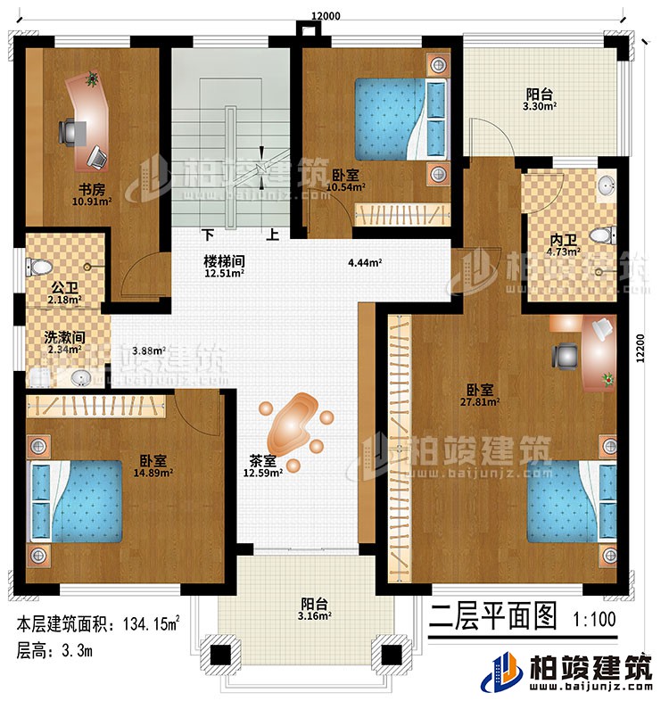 二層：樓梯間、茶室、3臥室、洗漱間、公衛(wèi)、內(nèi)衛(wèi)、2陽臺