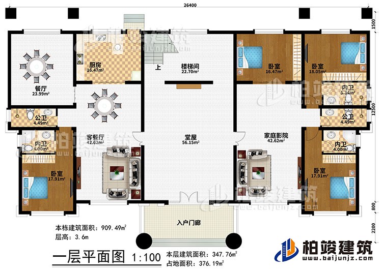 一層：入戶門廊、堂屋、客餐廳、餐廳、廚房、樓梯間、4臥室、2公衛(wèi)、3內(nèi)衛(wèi)、家庭影院