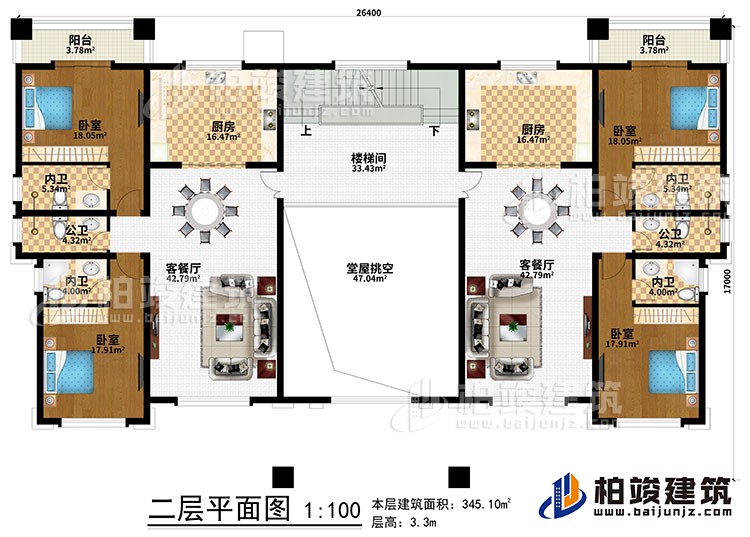 二層：堂屋挑空、樓梯間、2廚房、2客餐廳、4臥室、2公衛(wèi)、4內(nèi)衛(wèi)、2陽臺(tái)