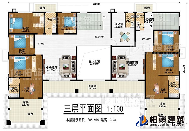 三層：多功能廳、客廳上空、家庭影院、6臥室、2書房、活動(dòng)室、3公衛(wèi)、2內(nèi)衛(wèi)、4露臺(tái)、2涼亭、外走廊、樓梯間