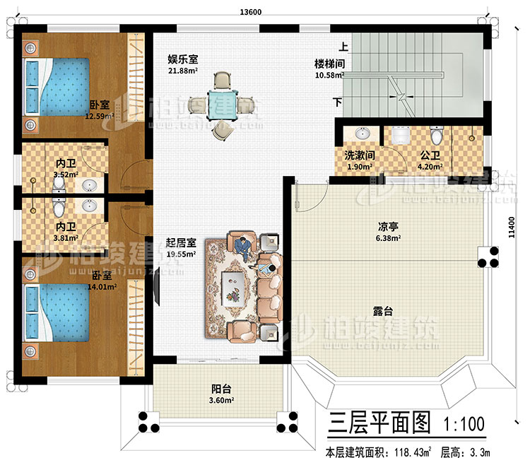 三層：起居室、娛樂室、樓梯間、2臥室、洗漱間、公衛(wèi)、2內(nèi)衛(wèi)、涼亭、陽臺(tái)、露臺(tái)