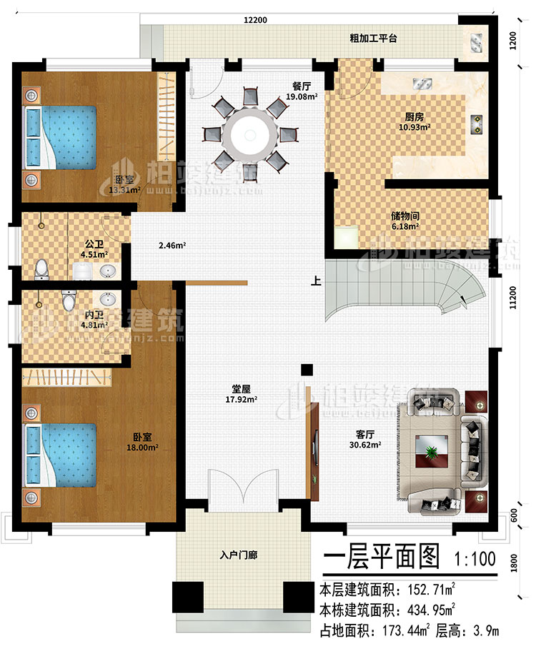 一層：入戶門廊、堂屋、客廳、餐廳、廚房、儲物間、2臥室、公衛(wèi)、內(nèi)衛(wèi)、粗加工平臺
