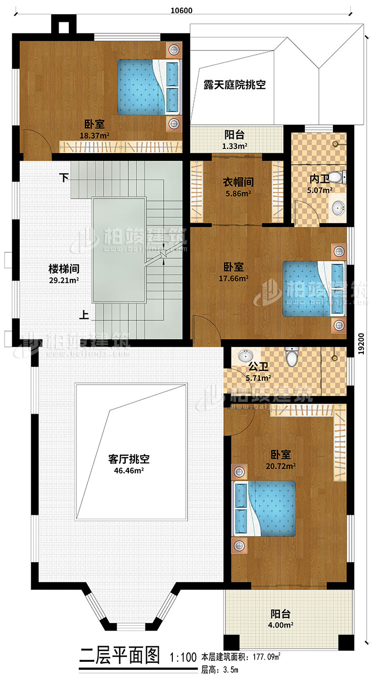 二層：樓梯間、客廳挑空、露天庭院挑空、3臥室、衣帽間、公衛(wèi)、內衛(wèi)、2陽臺