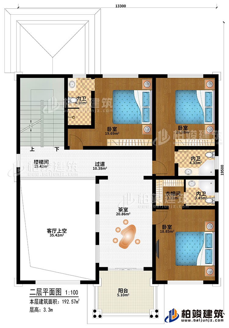 二層：樓梯間、3臥室、過道、茶室、客廳上空、衣帽間、3內(nèi)衛(wèi)、陽臺(tái)