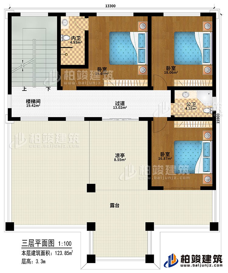 三層：樓梯間、過道、3臥室、公衛(wèi)、內(nèi)衛(wèi)、涼亭、露臺(tái)