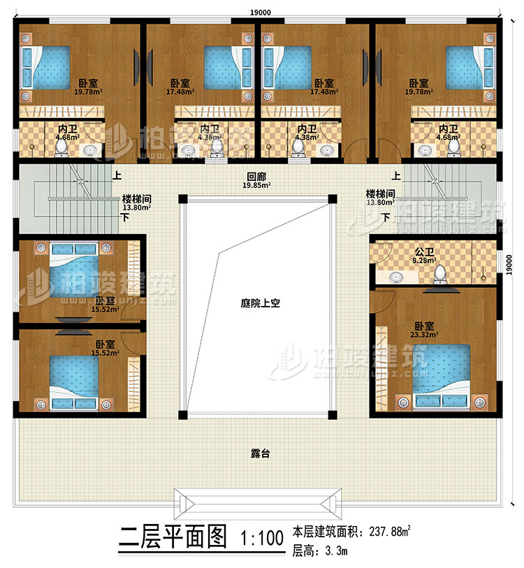 二層：回廊、露臺(tái)、庭院上空、2樓梯間、7臥室、4內(nèi)衛(wèi)、公衛(wèi)