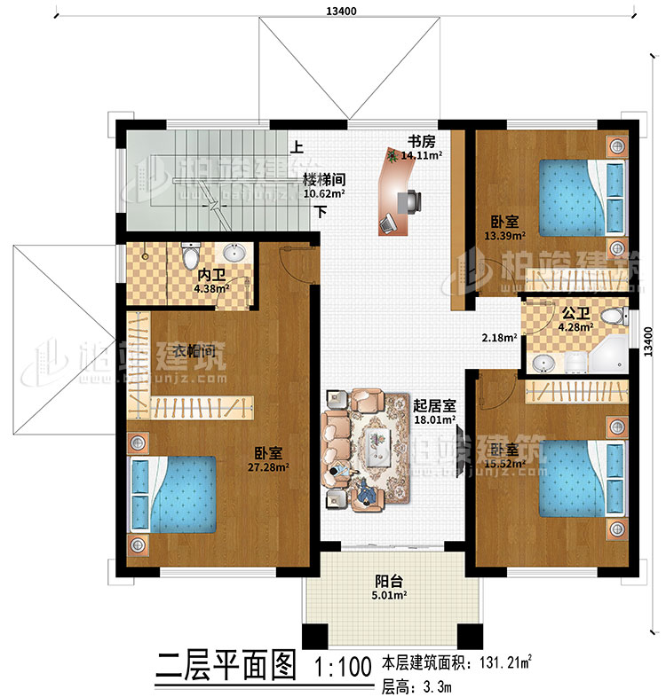 二層：室外觀景露臺、地下車庫入口、入戶門廊、玄關、客廳、神龕、茶室、樓梯間、2臥室、公衛(wèi)、內(nèi)衛(wèi)