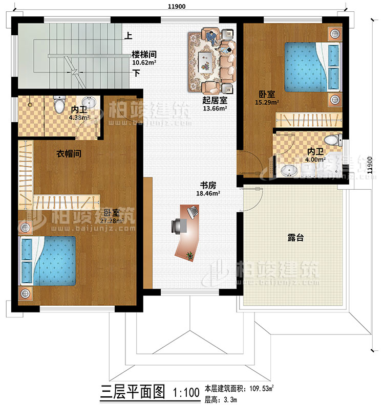 三層：2臥室、起居室、樓梯間、衣帽間、書房、2內(nèi)衛(wèi)、露臺