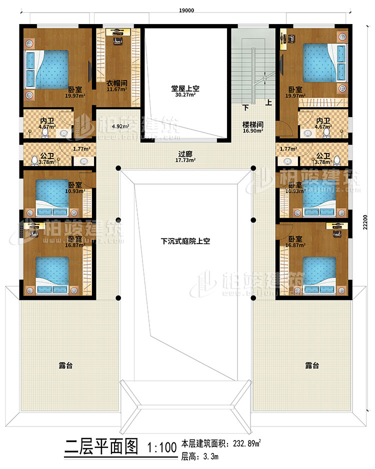 二層：下沉式庭院上空、堂屋上空、樓梯間、過(guò)廊、6臥室、衣帽間、2公衛(wèi)、2內(nèi)衛(wèi)、露臺(tái)