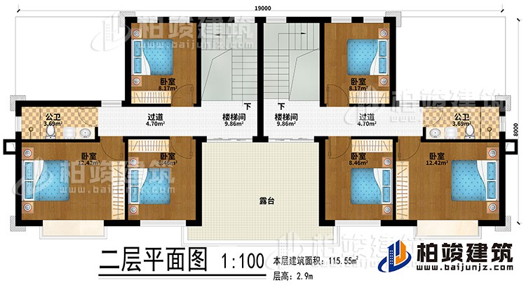 二層：2樓梯間、6臥室、2公衛(wèi)、2過道、露臺