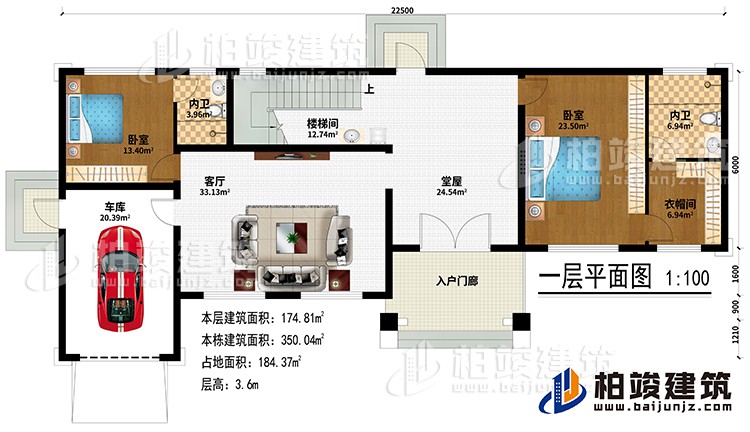 一層:入戶門廊、堂屋、客廳、車庫、樓梯間、2臥室、衣帽間、2內(nèi)衛(wèi)