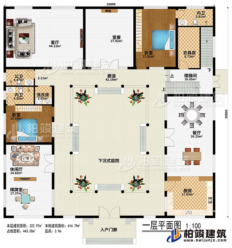 一層：入戶門廊、下沉式庭院、廊道、堂屋、神龕、客廳、餐廳、廚房、休閑廳、棋牌室、農(nóng)具房、樓梯間、2臥室、2內(nèi)衛(wèi)、公衛(wèi)、洗衣房