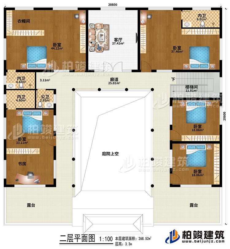 二層：樓梯間、廊道、庭院上空、客廳、5臥室、衣帽間、書房、3內(nèi)衛(wèi)、公衛(wèi)、2露臺
