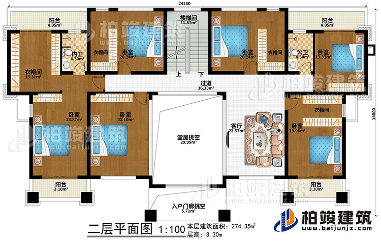 二層：堂屋挑空、入戶門廊挑空、客廳、過道、樓梯間、6臥室、4衣帽間、公衛(wèi)、內(nèi)衛(wèi)、4陽臺(tái)