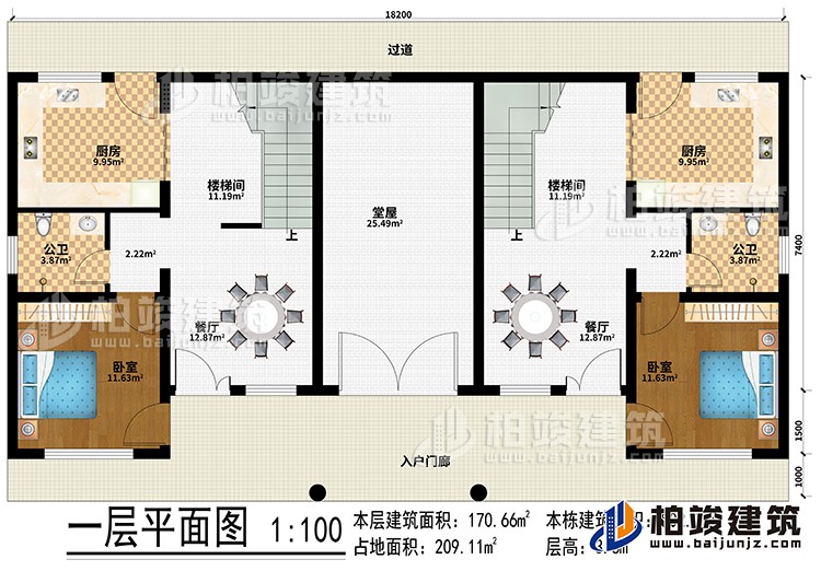 一層：入戶門廊、過道、堂屋、2廚房、2樓梯間、2餐廳、2臥室、2公衛(wèi)
