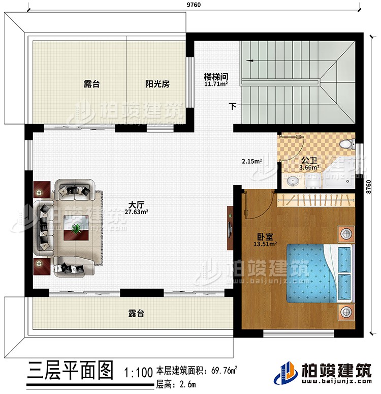 三層：樓梯間、大廳、臥室、公衛(wèi)、陽光房、2露臺(tái)