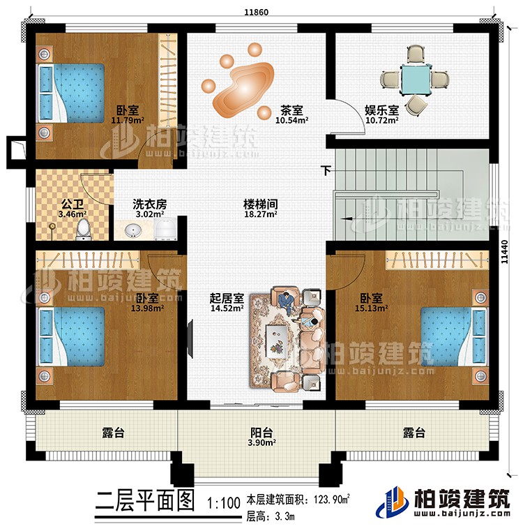 二層：樓梯間、起居室、茶室、3臥室、娛樂室、洗衣房、公衛(wèi)、陽臺、2露臺