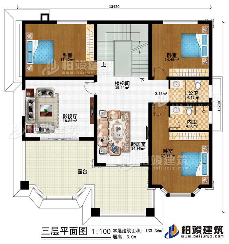 三層：樓梯間、起居室、影視廳、3臥室、公衛(wèi)、內(nèi)衛(wèi)、露臺