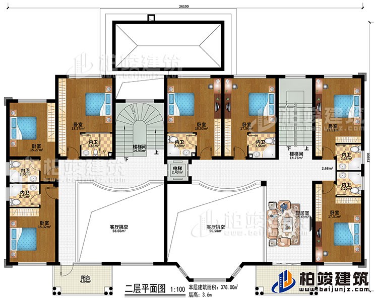 二層：2樓梯間、2客廳挑空、起居室、7臥室、7內(nèi)衛(wèi)、電梯、2陽臺