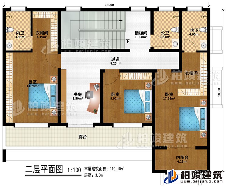 二層：樓梯間、過道、書房、3臥室、2衣帽間、2內(nèi)衛(wèi)、公衛(wèi)、露臺(tái)、內(nèi)陽臺(tái)