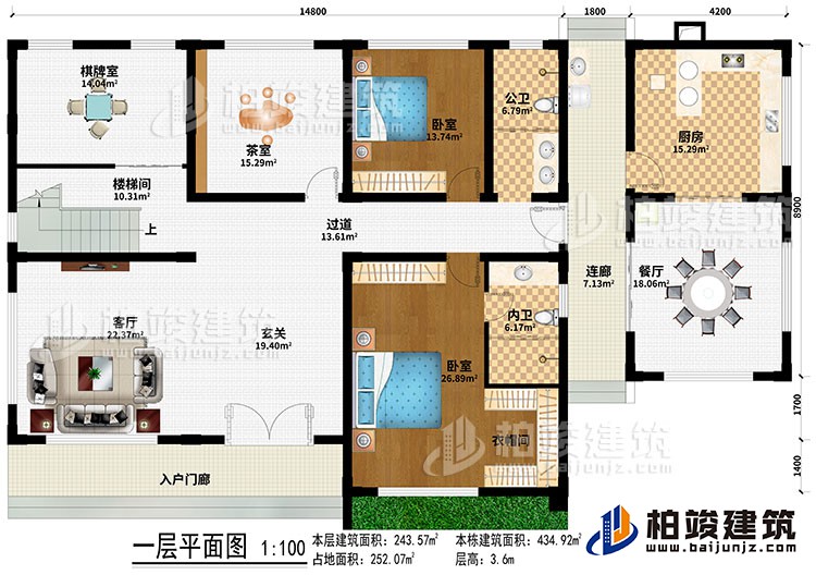 一層：入戶門廊、客廳、玄關(guān)、樓梯間、過道、棋牌室、茶室、餐廳、廚房、2臥室、衣帽間、公衛(wèi)、內(nèi)衛(wèi)、連廊