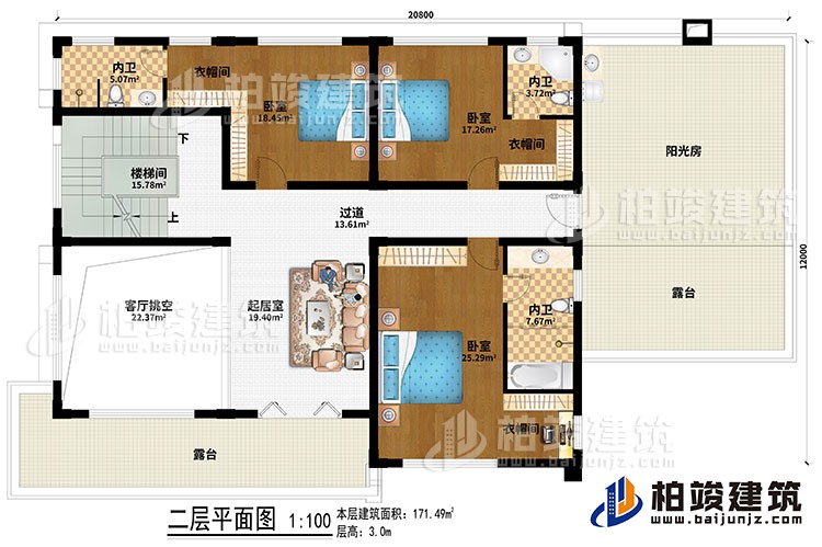 二層：樓梯間、客廳挑空、起居室、過道、3臥室、3衣帽間、3內(nèi)衛(wèi)、陽光房、2露臺(tái)