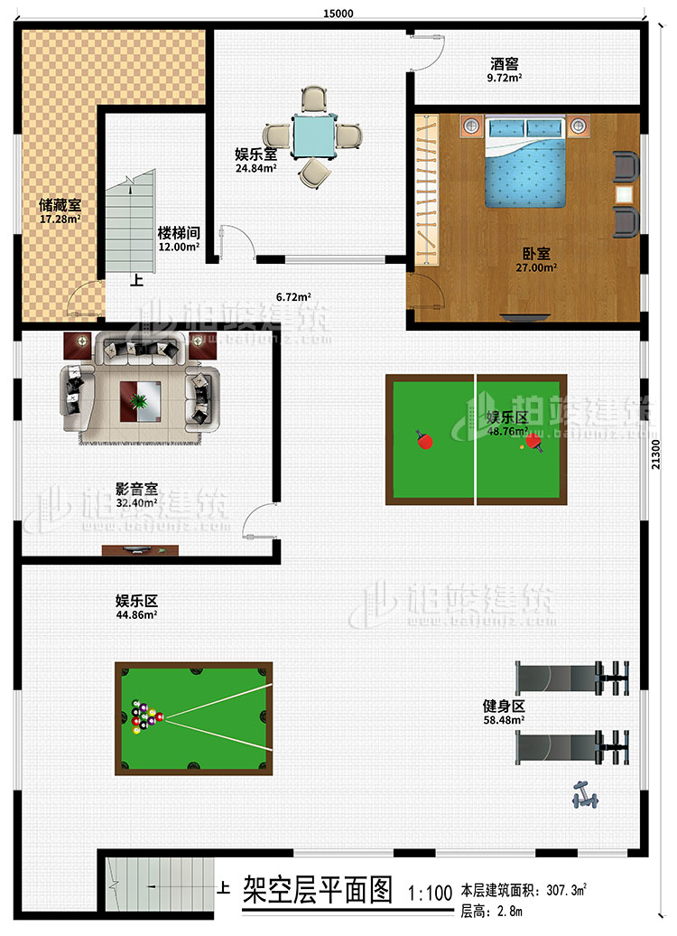架空層：儲藏室、樓梯間、娛樂室、酒窖、臥室、影音室、2娛樂區(qū)、健身區(qū)