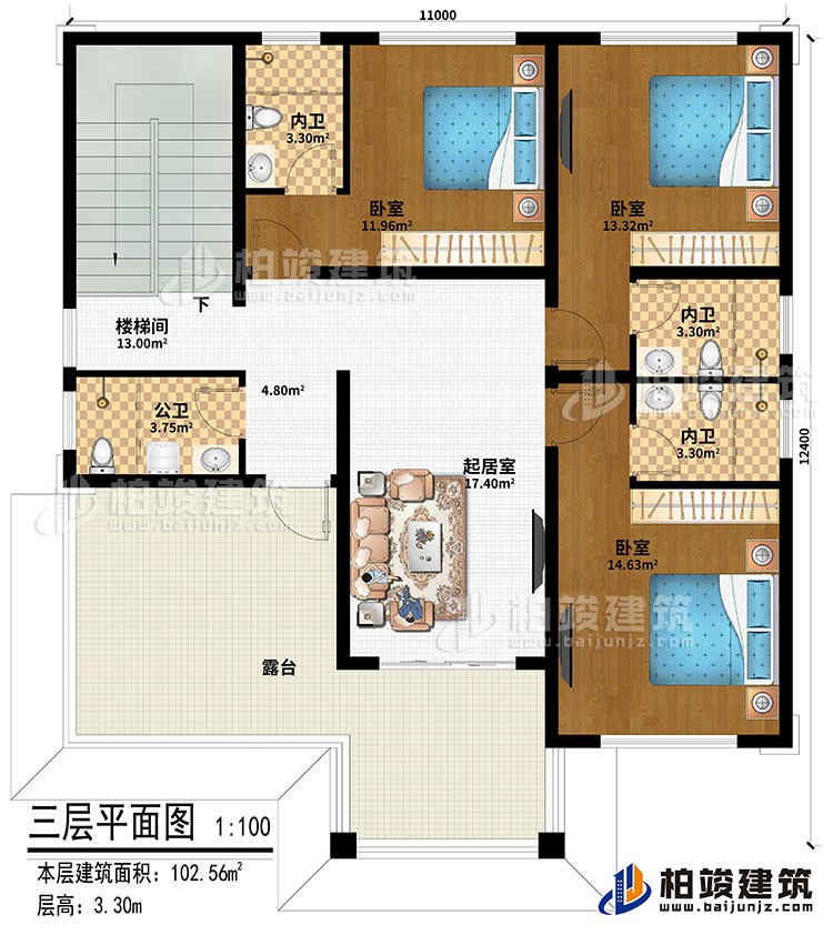 三層：起居室、樓梯間、3臥室、3內衛(wèi)、公衛(wèi)、露臺
