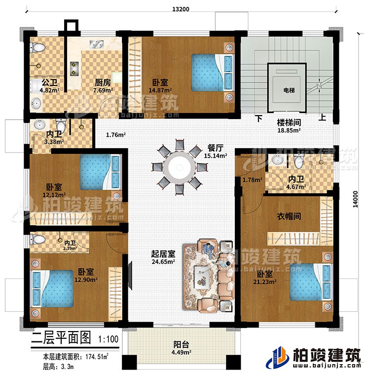 二層：電梯、樓梯間、餐廳、廚房、起居室、4臥室、衣帽間、3內(nèi)衛(wèi)、公衛(wèi)、陽臺